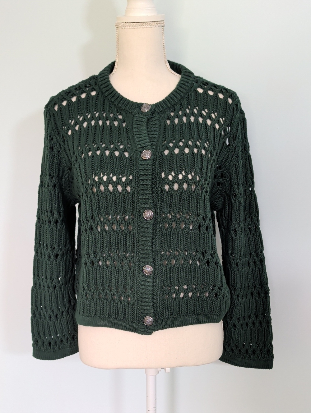 LOFT NWT Dark Green Open-Knit Button Cardigan cottagecore grandma crochet